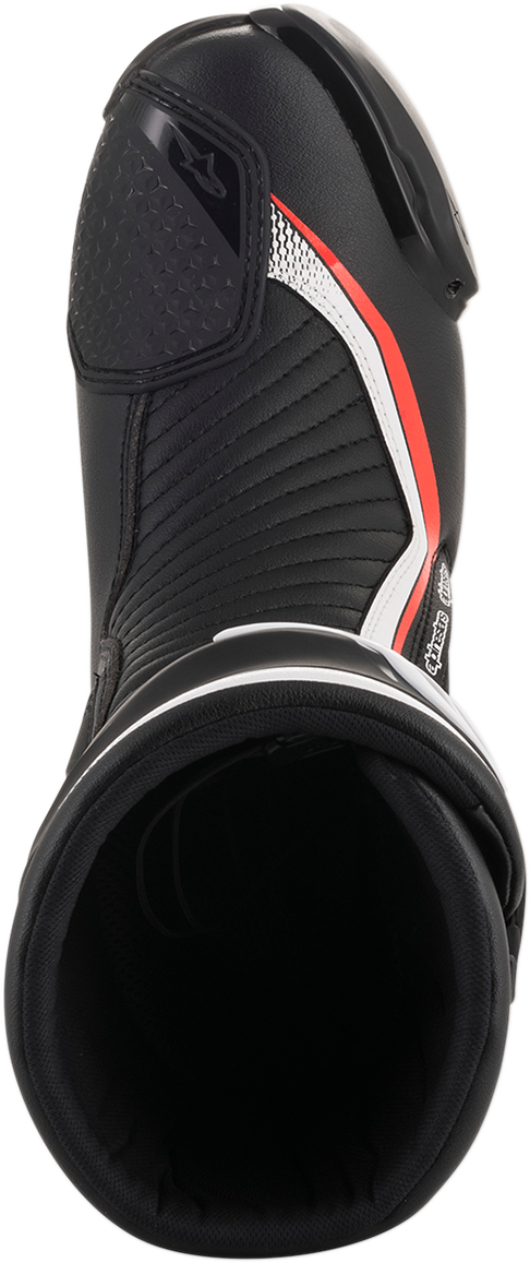 Alpinestars SMX Plus motorcycle racing boots in black, white, and red fluorescent with US size 6.5, EU 40, showing protective design