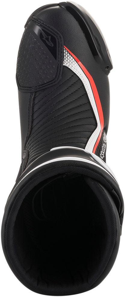 Alpinestars SMX Plus motorcycle racing boots in black, white, and red fluorescent with US size 6.5, EU 40, showing protective design
