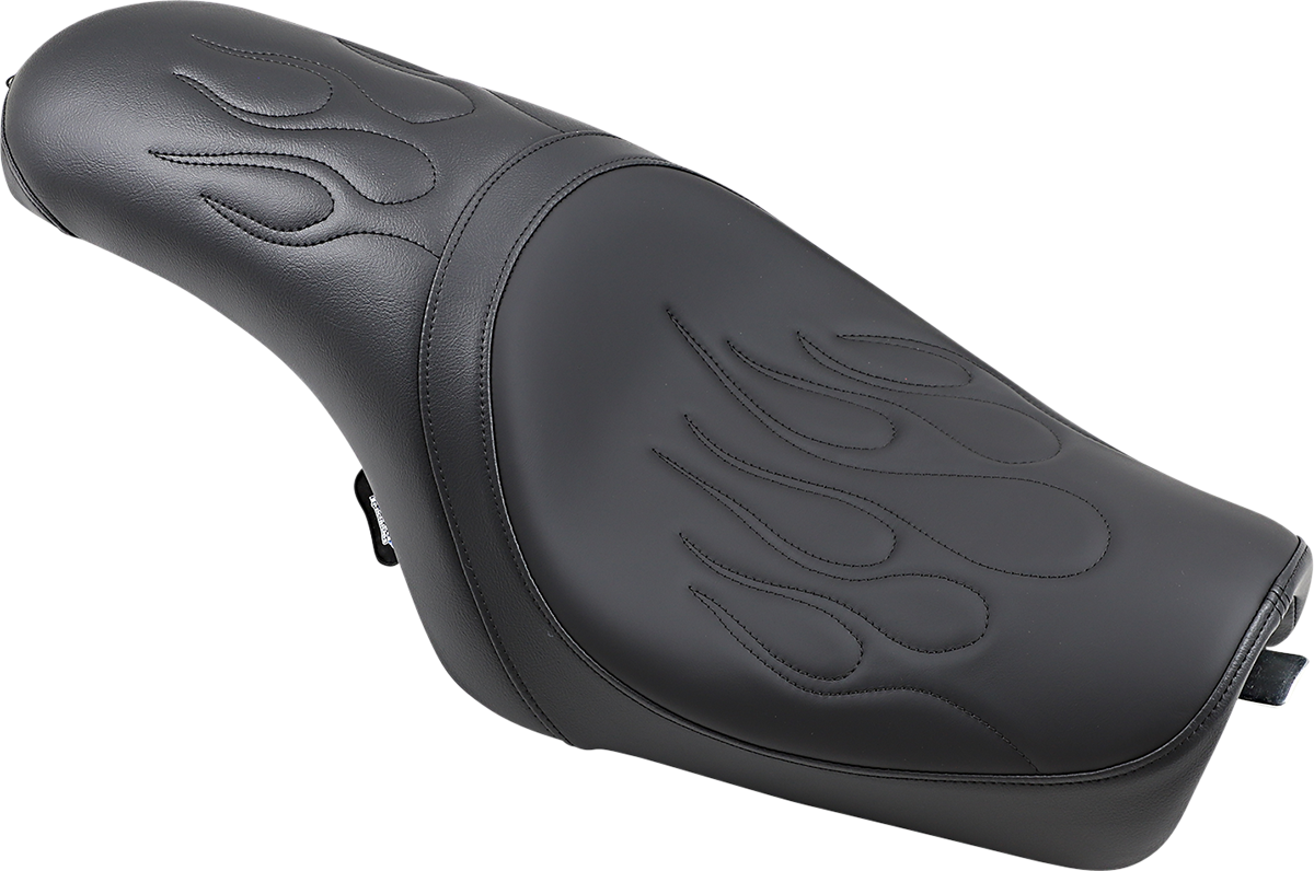 Drag Specialties Predator Seat with flame stitching for Harley XL models from 2004-2022, showcasing sleek motorcycle seat design.