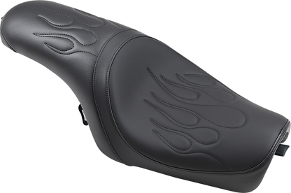 Drag Specialties Predator Seat with flame stitching for Harley XL models from 2004-2022, showcasing sleek motorcycle seat design.