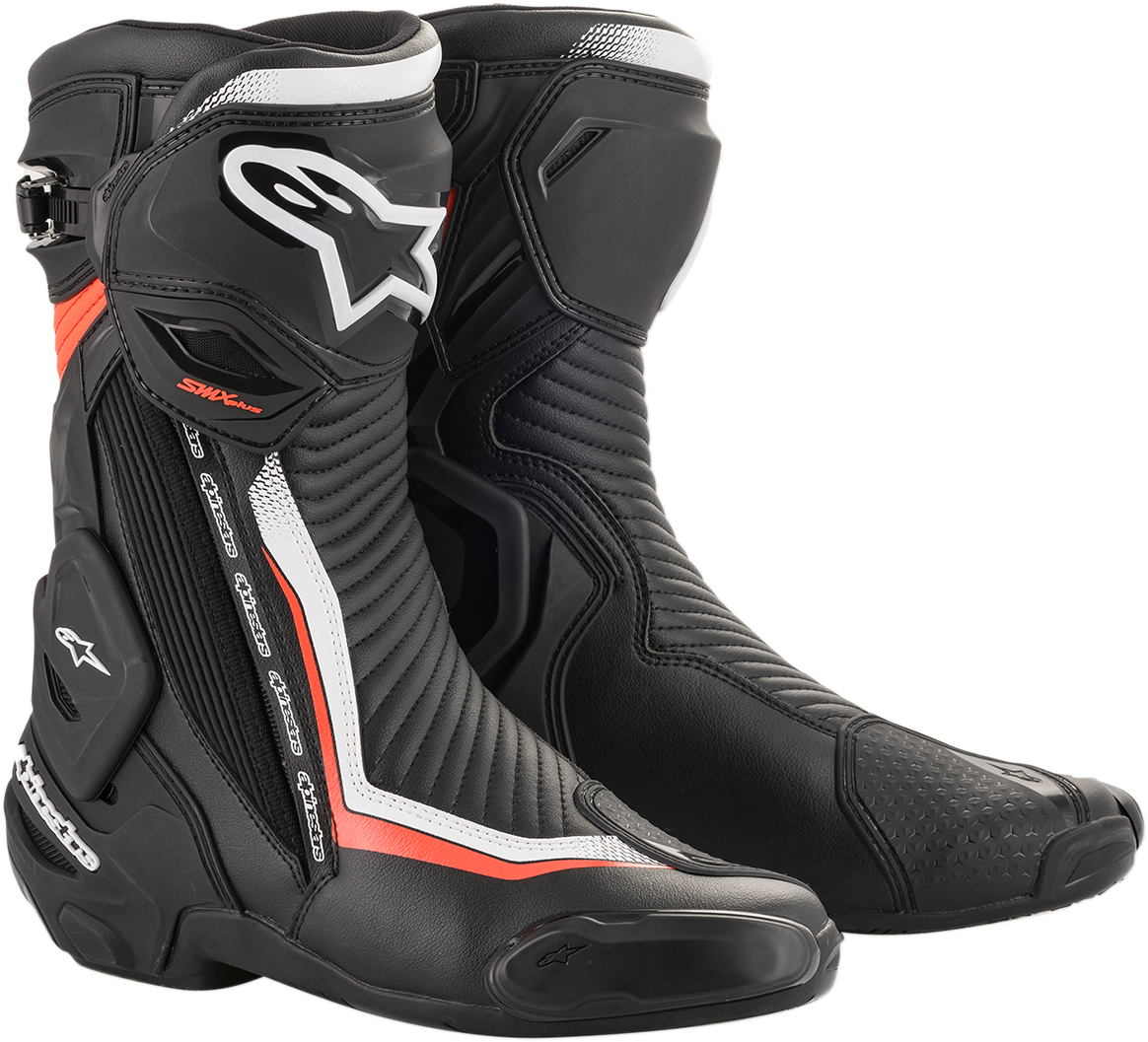 Alpinestars SMX Plus motorcycle boots in black, white, and red fluorescent, US 6.5 / EU 40, with protective design and ankle support.