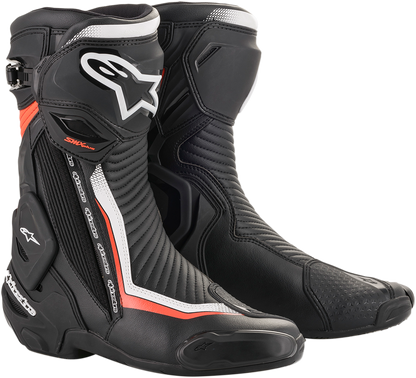 Alpinestars SMX Plus motorcycle boots in black, white, and red fluorescent, US 6.5 / EU 40, with protective design and ankle support.