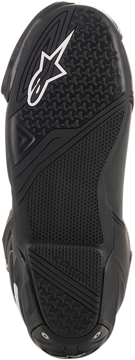 Alpinestars SMX Plus motorcycle boots in black, white, and red fluorescent with protective features and US 6.5 size.