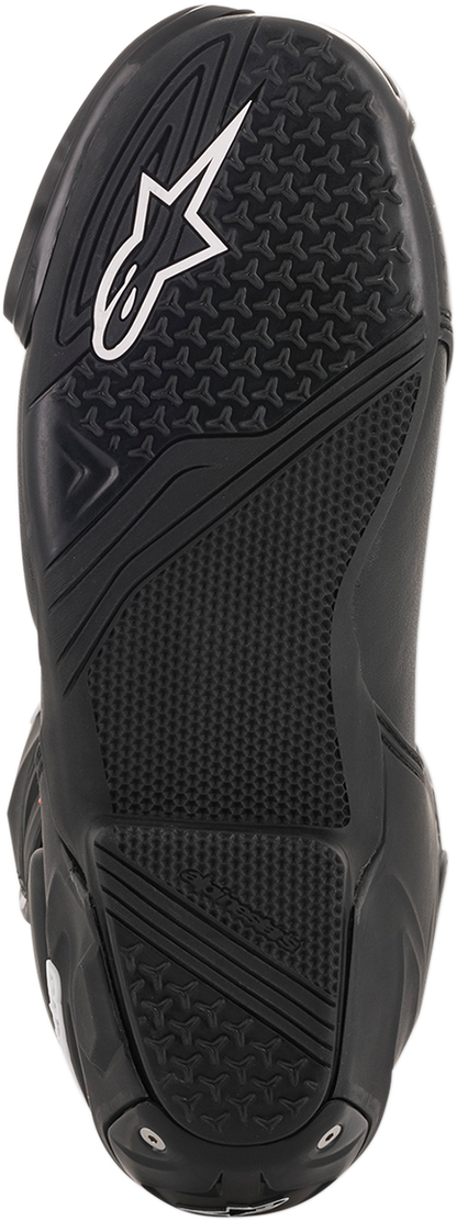 Alpinestars SMX Plus motorcycle boots in black, white, and red fluorescent with protective features and US 6.5 size.