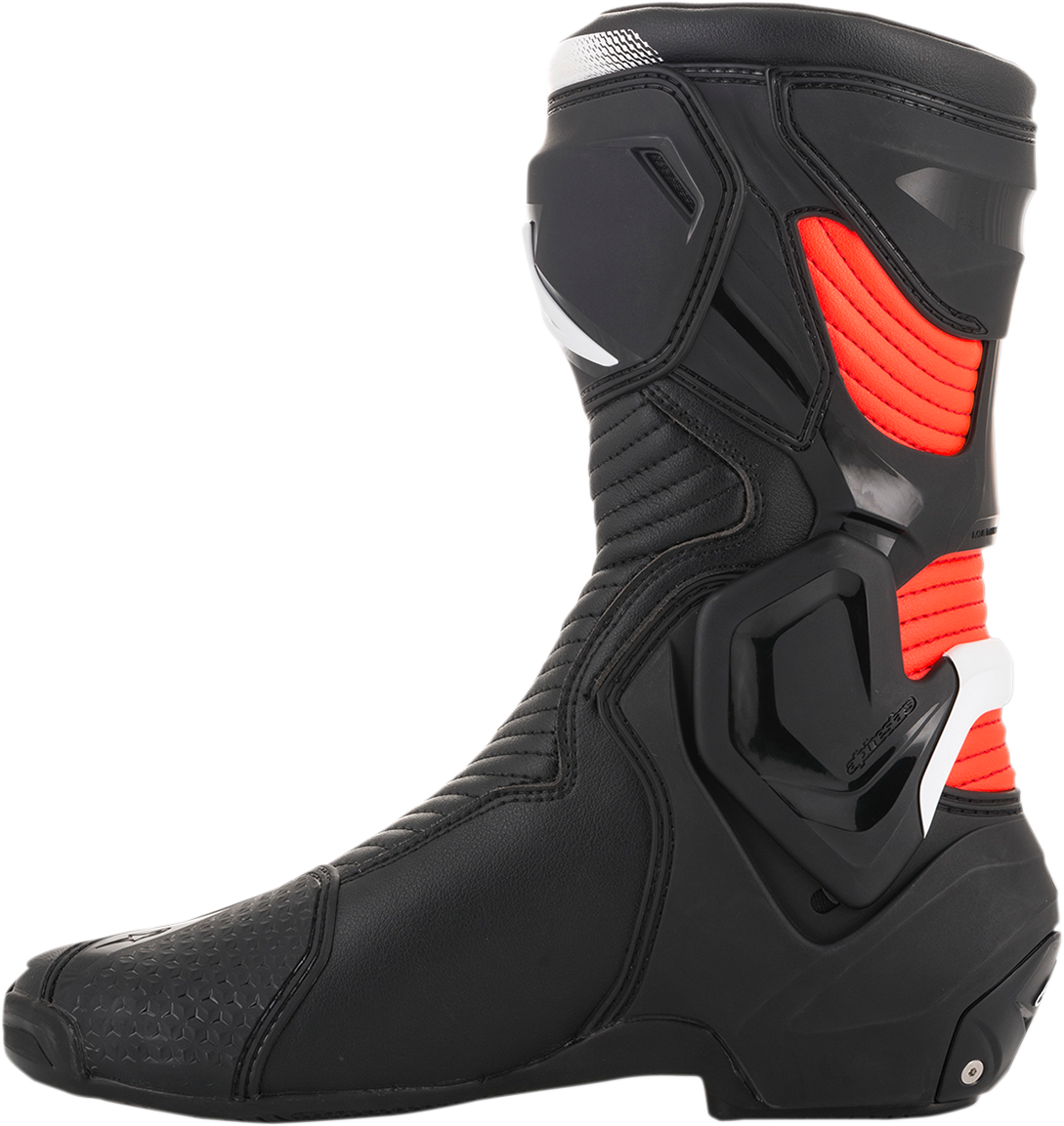 Alpinestars SMX Plus motorcycle boots in black, white, and red fluorescent with protective features, US 6.5 / EU 40 size.