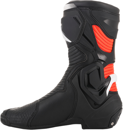 Alpinestars SMX Plus motorcycle boots in black, white, and red fluorescent with protective features, US 6.5 / EU 40 size.