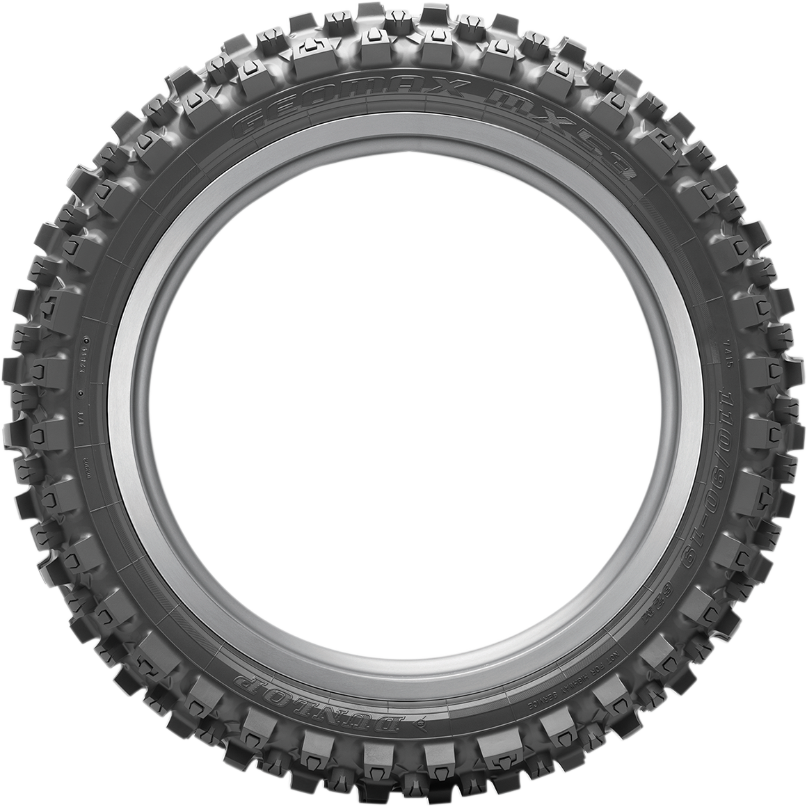 Dunlop Geomax MX53 rear motorcycle tire, 110/100-18 size, designed for intermediate-hard terrain, featuring rugged tread pattern.