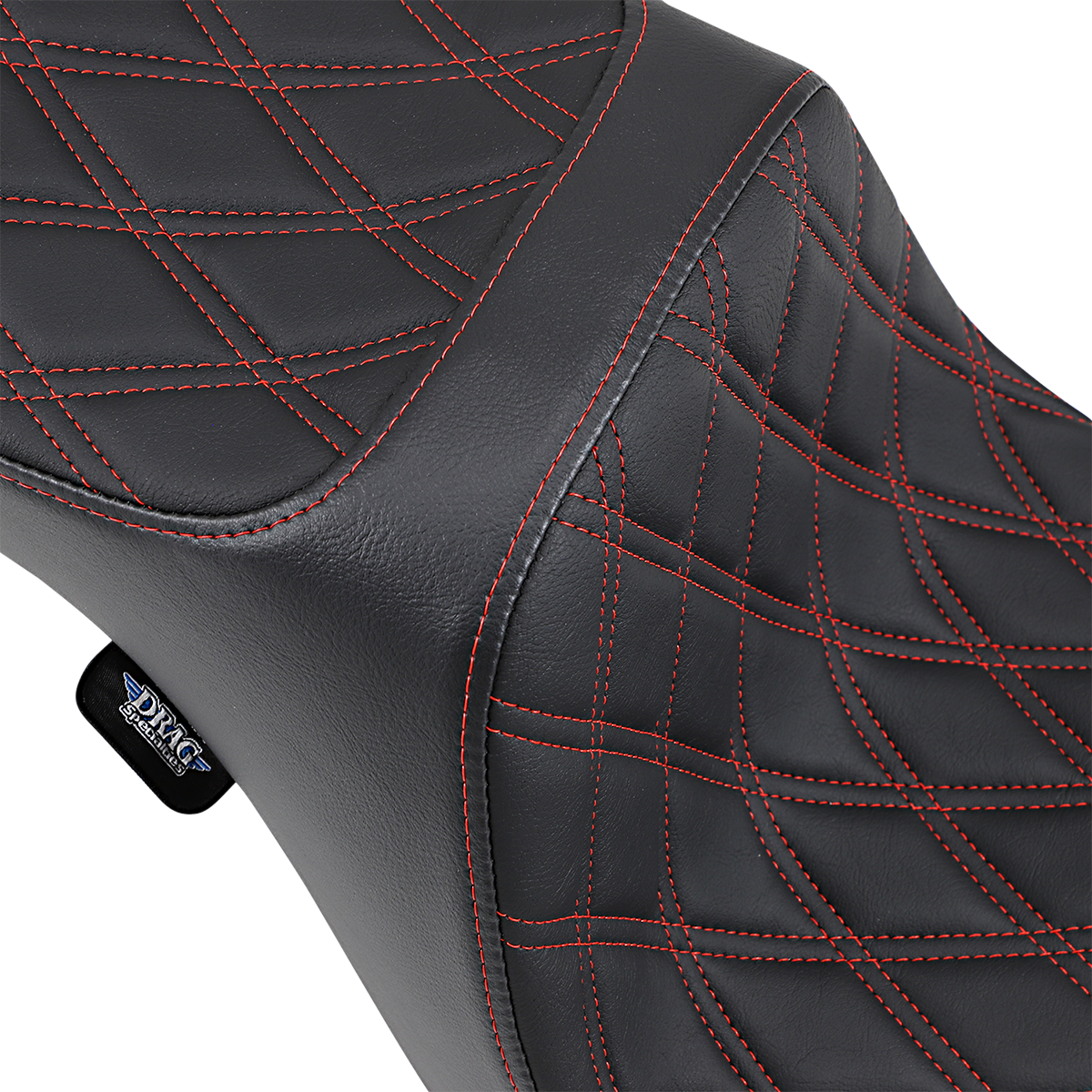 Drag Specialties double bucket seat with mild stitching for Harley XL models 2010-2022, showcasing comfortable motorcycle seat design.