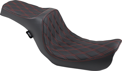 Drag Specialties double bucket seat with mild stitching for Harley XL 2010-2022 motorcycle, showcasing the black seat with detailed stitching.