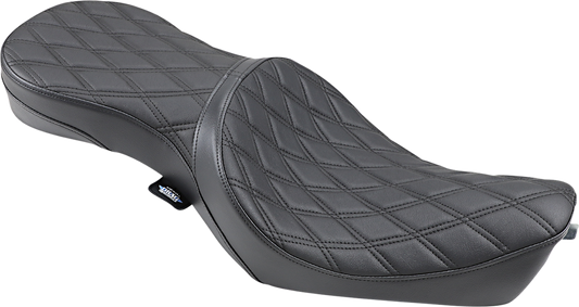 Double bucket seat with double diamond stitching for Harley XL models 2010-2022 by Drag Specialties Seats, features stylish and comfortable design.