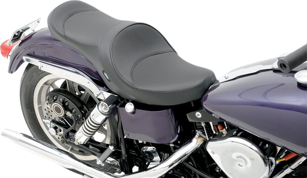 Drag Specialties double bucket seat for FX/FL bikes with smooth finish, vintage style motorcycle seat, part number 0805-0122.