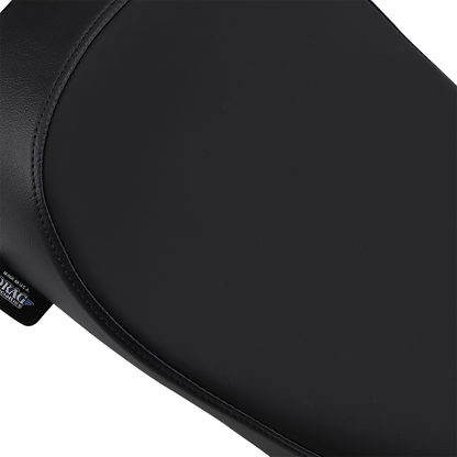 Black vinyl low solo seat for Harley FLHR '97-'07 by Drag Specialties Seats, smooth finish, designed for comfortable riding.