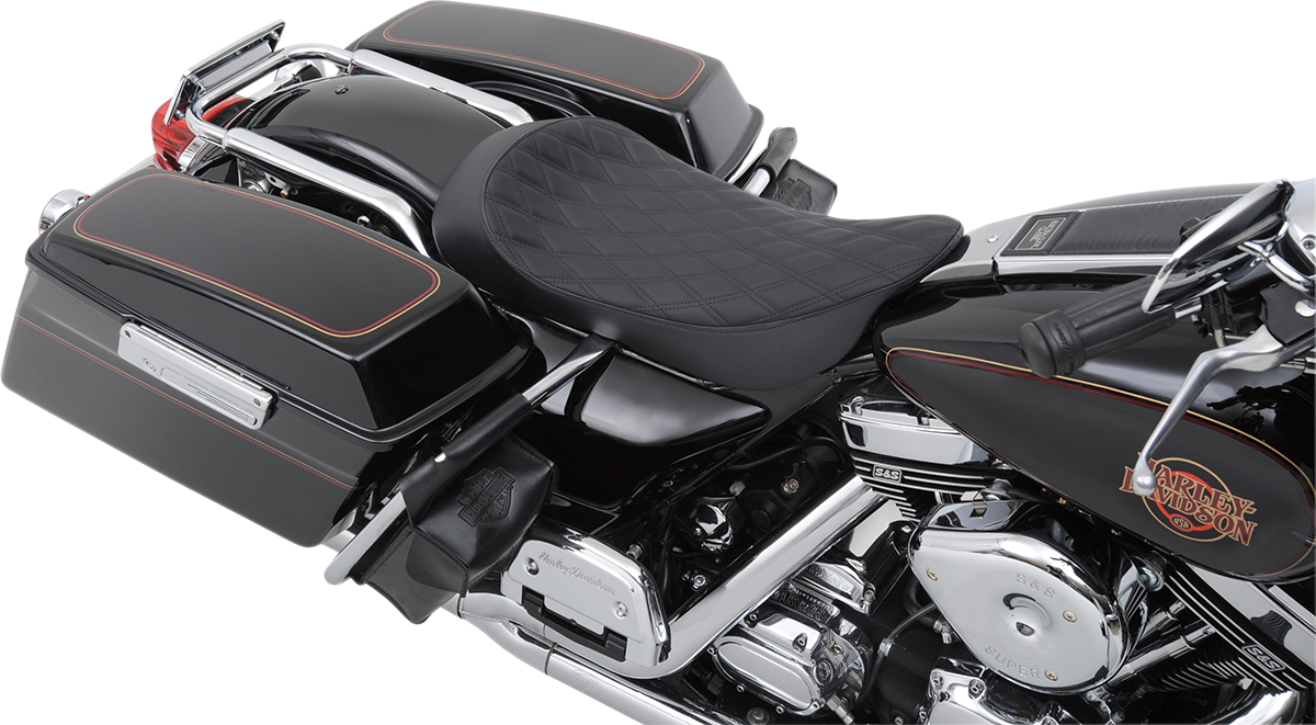 Drag Specialties Low Solo Seat with Double Diamond pattern for Harley FLHR/FLHX 1999-2007 motorcycle, front view.