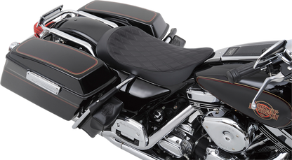 Drag Specialties Low Solo Seat with Double Diamond pattern for Harley FLHR/FLHX 1999-2007 motorcycle, front view.