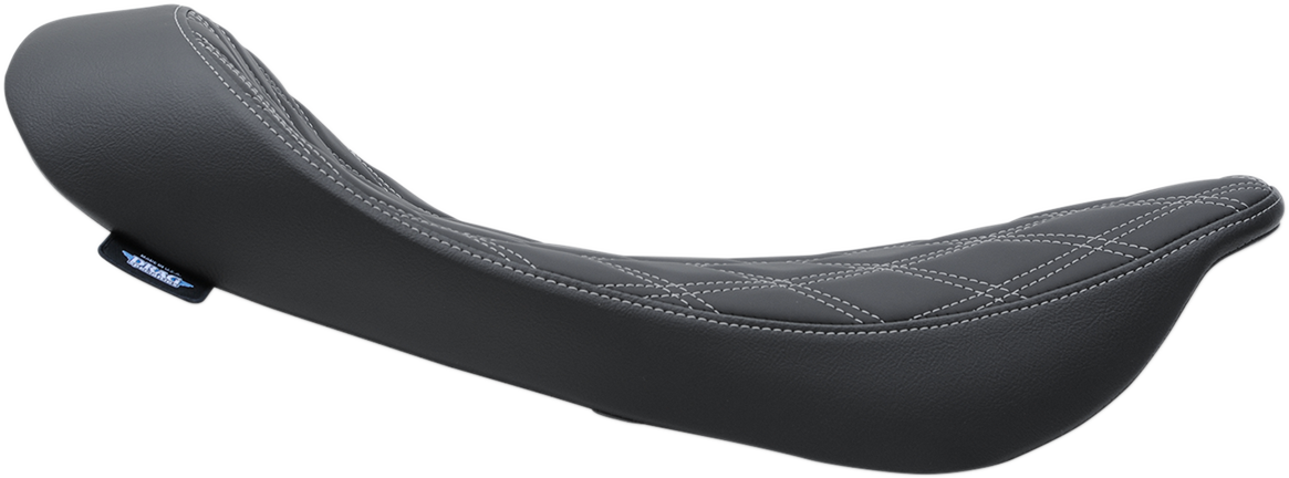 Low Solo Seat by Drag Specialties for Harley FLHR/FLHX 1999-2007 with double diamond silver stitching, motorcycle seat accessory.