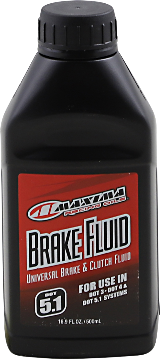 MAXIMA RACING OIL DOT 5.1 brake fluid bottle, 500ml, with label showing product details and safety symbols.