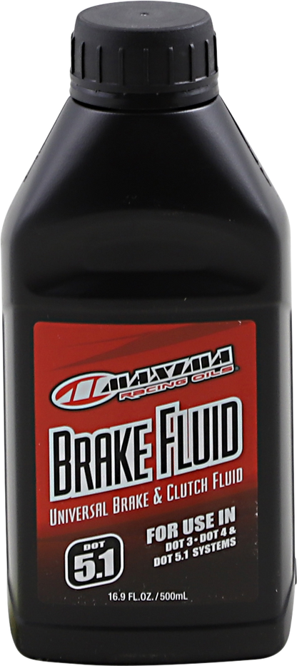 MAXIMA RACING OIL DOT 5.1 brake fluid bottle, 500ml, with label showing product details and safety symbols.