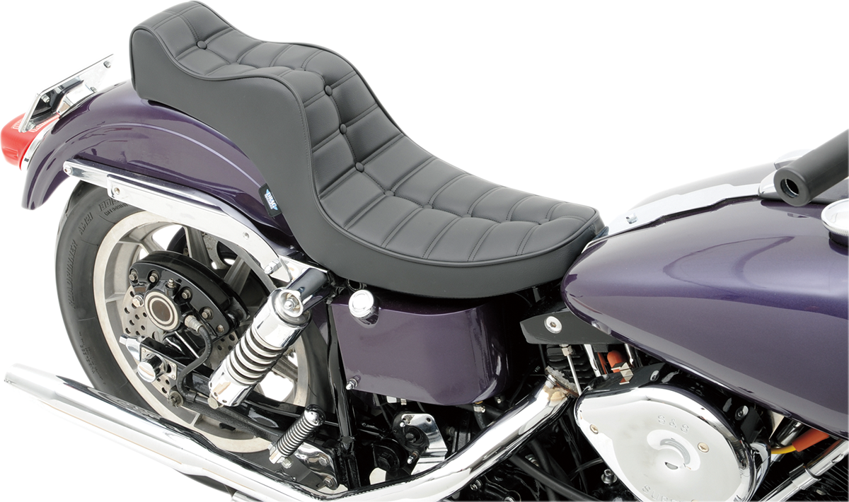 Drag Specialties Mini King/Queen seat for FX/FL motorcycles, black leather with chrome accents, vintage-inspired design.