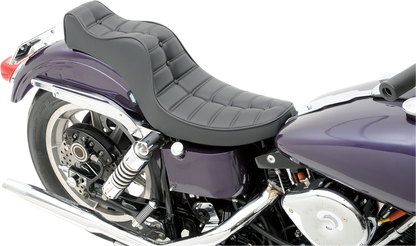 Drag Specialties Mini King/Queen seat for FX/FL motorcycles, black leather with chrome accents, vintage-inspired design.
