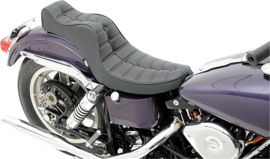 Drag Specialties Mini King/Queen seat for FX/FL motorcycles, black leather with chrome accents, vintage-inspired design.