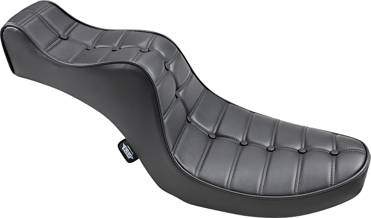 Drag Specialties Mini King/Queen Seat for FX/FL motorcycles, vintage style, with detailed padding and upholstery, part #0805-0093.