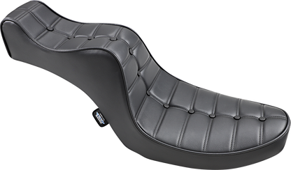 Drag Specialties Mini King/Queen Seat for FX/FL motorcycles, vintage style, with detailed padding and upholstery, part #0805-0093.