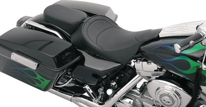 DRAG SPECIALTIES SEATS solo motorcycle seat with driver backrest for FLT models 1997-2007, featuring mild stitching and comfortable design.
