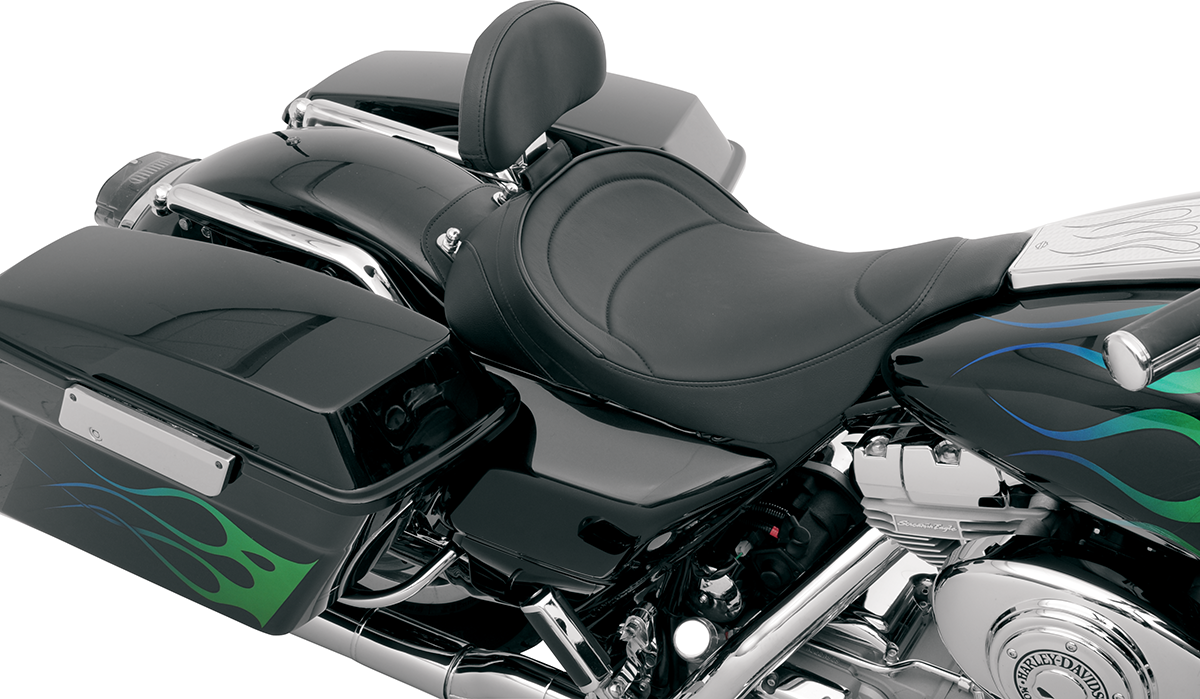 DRAG SPECIALTIES SEATS solo motorcycle seat with driver backrest for FLT 1997-2007, mild stitched style, front view.