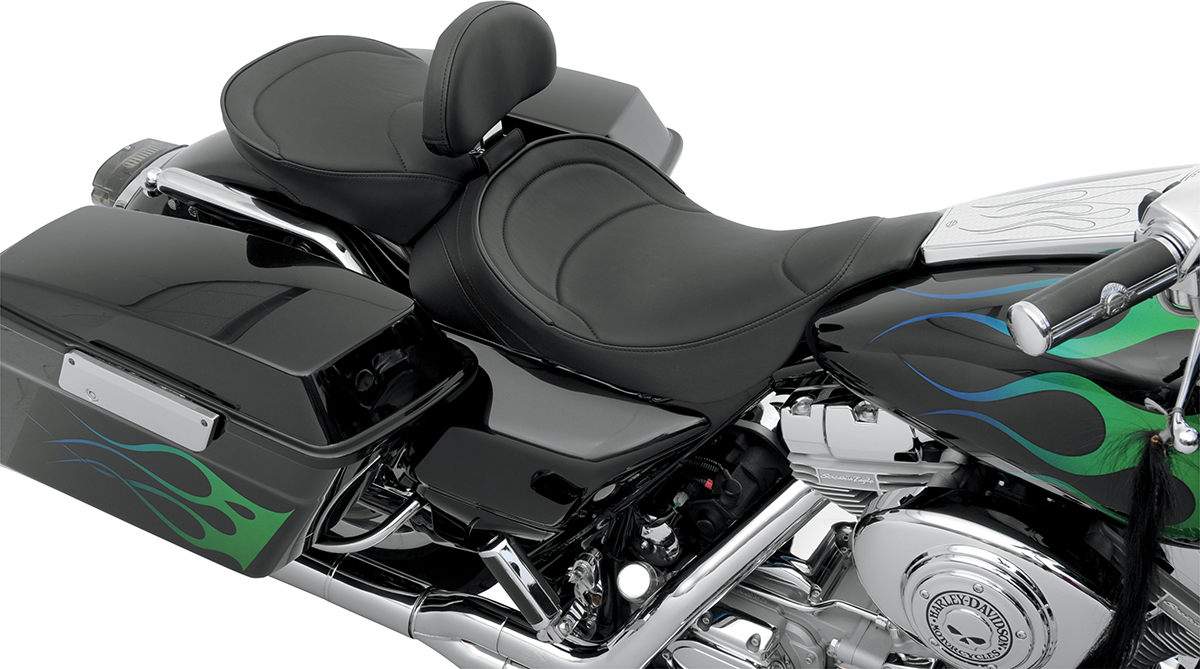 DRAG SPECIALTIES SEATS solo motorcycle seat with driver backrest for FLT models 1997-2007, featuring mild stitching.
