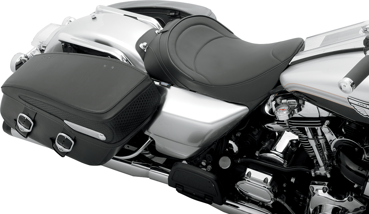 Drag Specialties solo motorcycle seat with driver backrest for FLH models 1997-2007, mild stitching, model 0801-0493.