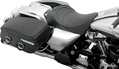 Drag Specialties solo motorcycle seat with driver backrest for FLH models 1997-2007, mild stitching, model 0801-0493.