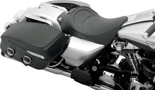 Drag Specialties solo motorcycle seat with driver backrest for FLH models 1997-2007, mild stitching, model 0801-0493.