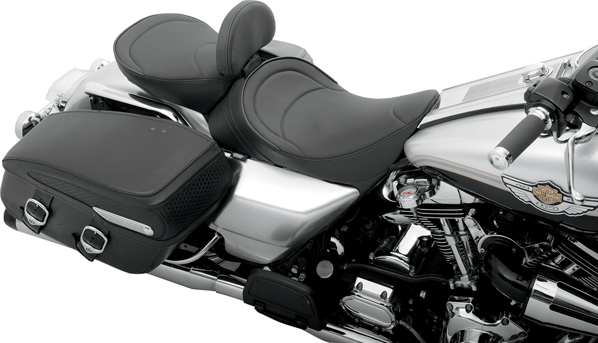 DRAG SPECIALTIES SEATS solo motorcycle seat with driver backrest for FLH 1997-2007, mild stitched design, model 0801-0493.