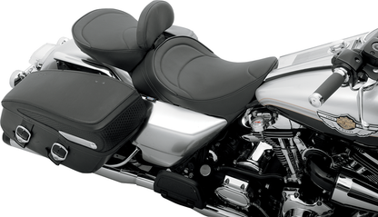 DRAG SPECIALTIES SEATS solo motorcycle seat with driver backrest for FLH 1997-2007, mild stitched design, model 0801-0493.