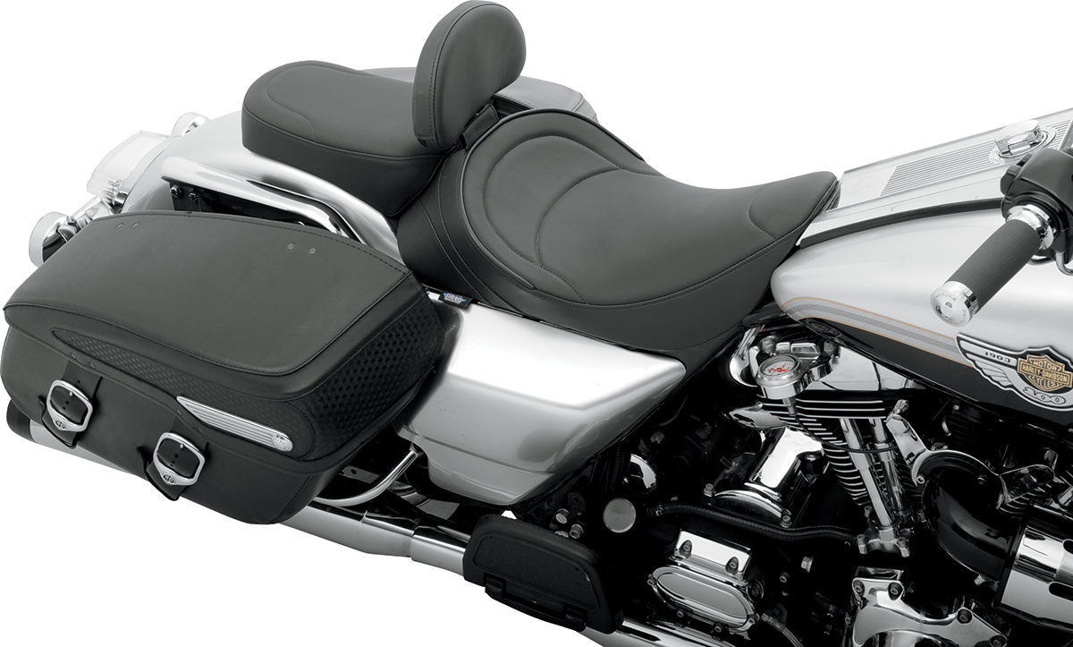 DRAG SPECIALTIES SEATS solo motorcycle seat with driver backrest for FLH models 1997-2007, mild stitched design, part 0801-0493.