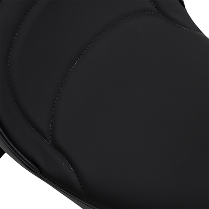 Drag Specialties solo seat with driver backrest for Harley FLH '97-'07, mild stitched design, motorcycle seat accessory.
