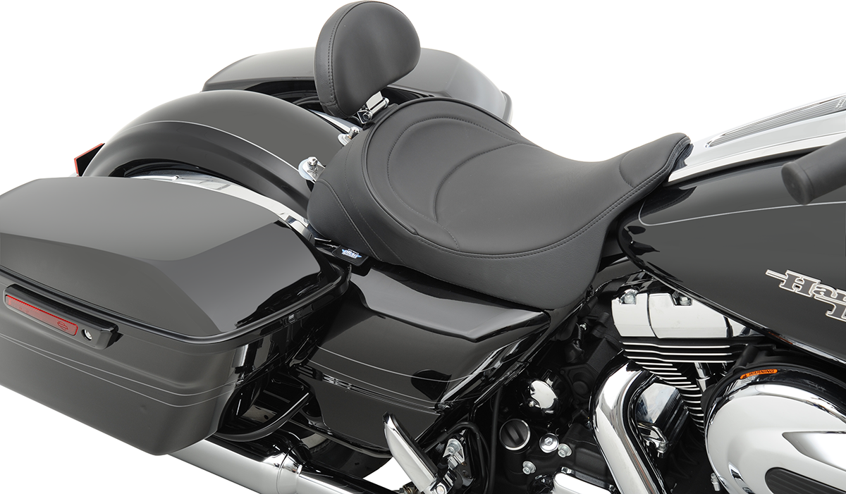 DRAG SPECIALTIES SEATS solo seat with mild stitching and driver backrest for Harley FL models 2008-2023, part 0801-0886.
