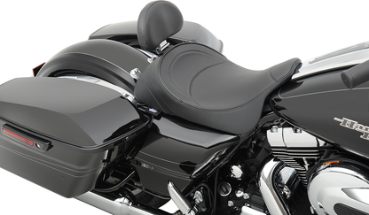 DRAG SPECIALTIES SEATS solo seat with mild stitching and driver backrest for Harley FL models 2008-2023, part 0801-0886.