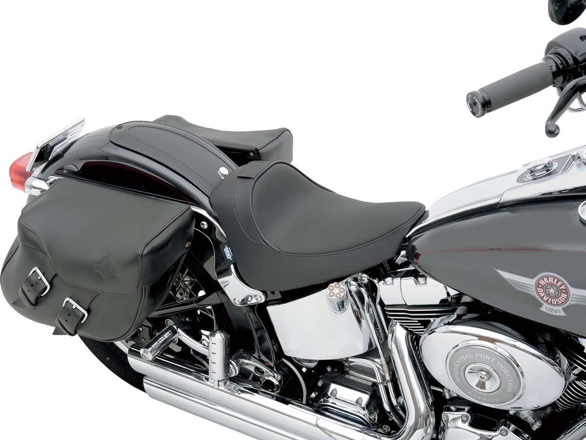 Drag Specialties solo motorcycle seat with driver backrest for FL/FX 2000-2006, model 0802-0632, shown from side view.