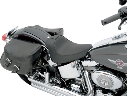 Drag Specialties solo motorcycle seat with driver backrest for FL/FX 2000-2006, model 0802-0632, shown from side view.