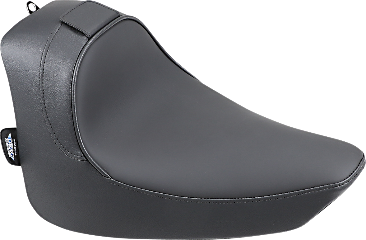 Drag Specialties solo motorcycle seat with driver backrest for FL/FX 2000-2006, model 0802-0632, shown on a Harley Davidson motorcycle.