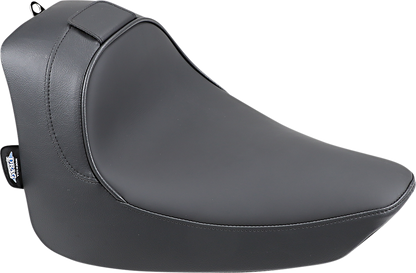 Drag Specialties solo motorcycle seat with driver backrest for FL/FX 2000-2006, model 0802-0632, shown on a Harley Davidson motorcycle.