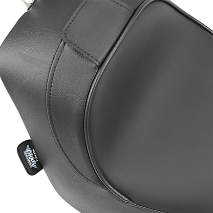 Drag Specialties solo motorcycle seat with driver backrest for FL/FX models 2000-2006, shown in black on a cruiser bike.