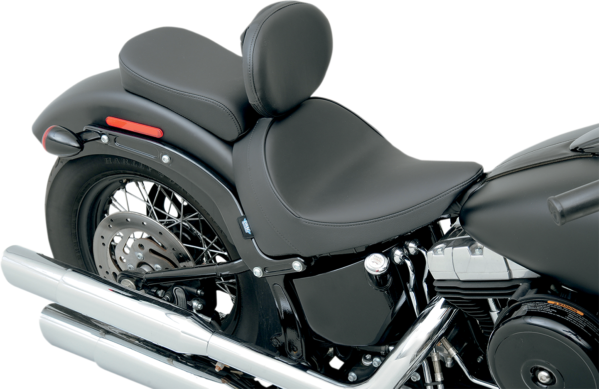 Drag Specialties solo motorcycle seat with backrest for FXS/FLS 2011-2017, featuring smooth black leather and ergonomic design.