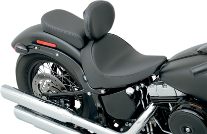 Drag Specialties solo motorcycle seat with backrest for FXS/FLS 2011-2017, featuring smooth black leather and ergonomic design.