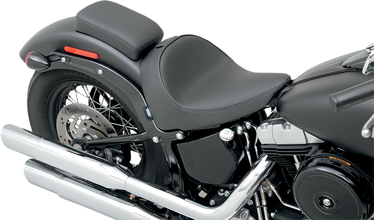 Drag Specialties solo motorcycle seat with backrest for FXS/FLS 2011-2017, smooth design and comfortable padding.