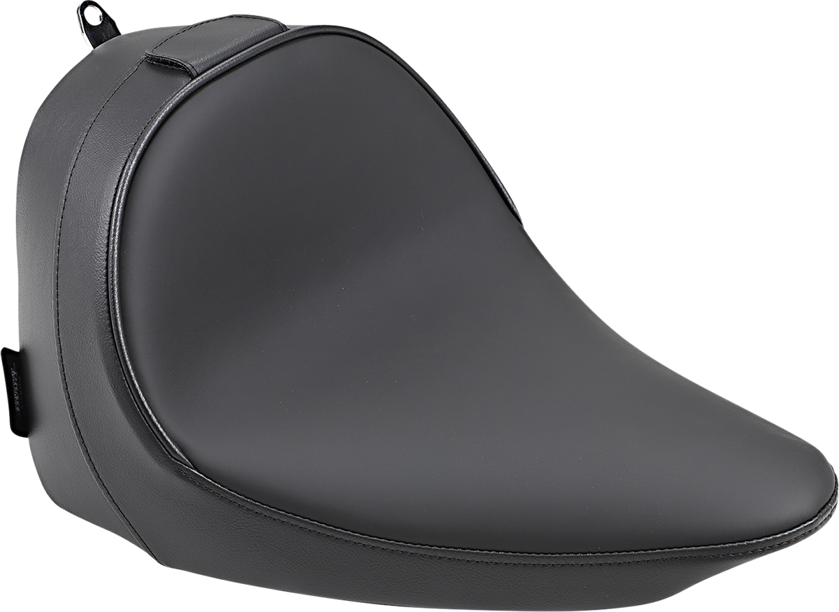 Drag Specialties solo seat with backrest for FXS/FLS 2011-2017, smooth black motorcycle seat with cushioned design.