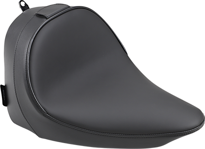 Drag Specialties solo seat with backrest for FXS/FLS 2011-2017, smooth black motorcycle seat with cushioned design.