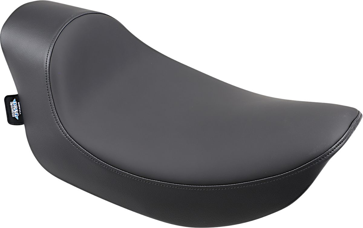 Drag Specialties EZ Mount Solo Seat for FXR motorcycle, showcasing durable black leather with comfortable design and mounting hardware.
