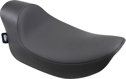 Drag Specialties EZ Mount Solo Seat for FXR motorcycle, showcasing durable black leather with comfortable design and mounting hardware.